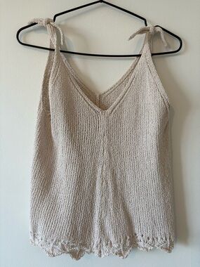 Saltwater Luxe Beige Knit Tie-Shoulder V-Neck Tank. L